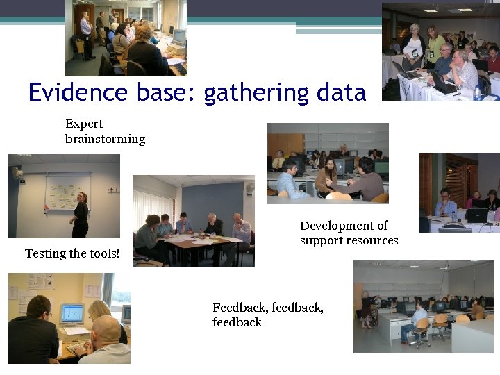 Evidence base: gathering data Expert brainstorming Testing the tools! Development of support resources Feedback,
