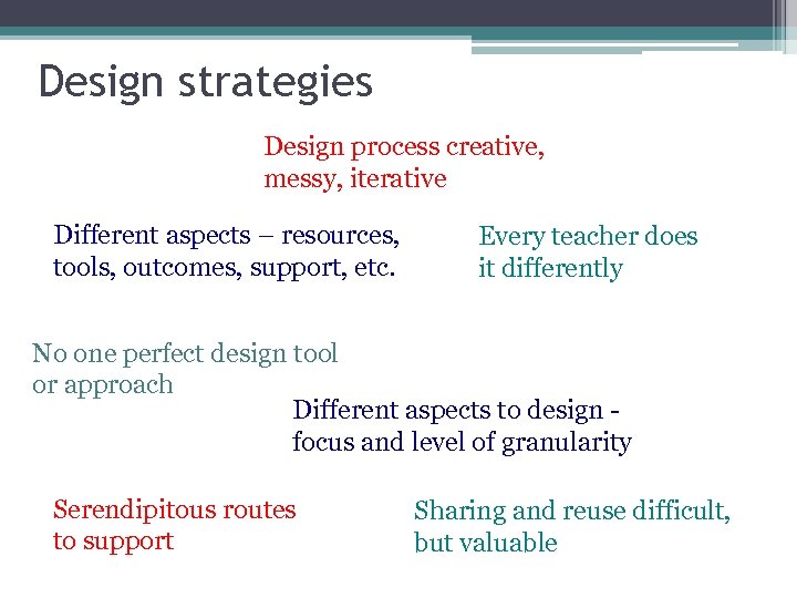 Design strategies Design process creative, messy, iterative Different aspects – resources, tools, outcomes, support,