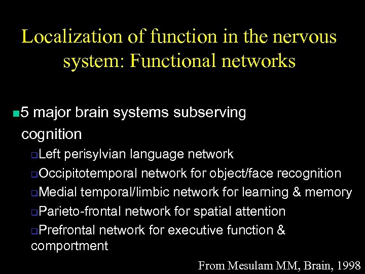 Localization of function in the nervous system: Functional networks n 5 major brain systems