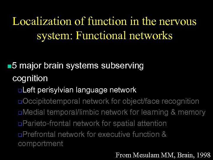 Localization of function in the nervous system: Functional networks n 5 major brain systems