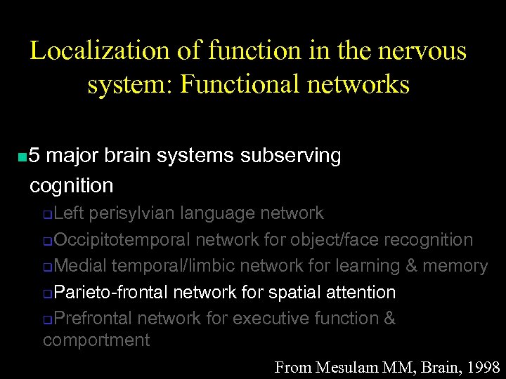 Localization of function in the nervous system: Functional networks n 5 major brain systems