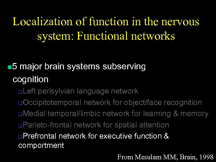 Localization of function in the nervous system: Functional networks n 5 major brain systems