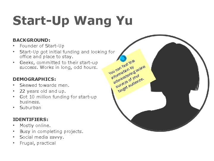 Start-Up Wang Yu BACKGROUND: • Founder of Start-Up • Start-Up got initial funding and