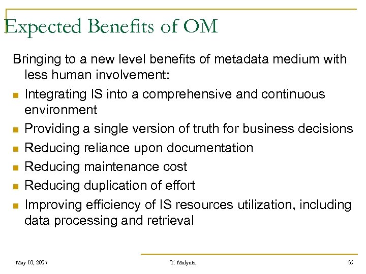 Expected Benefits of OM Bringing to a new level benefits of metadata medium with
