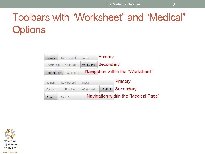 Vital Statistics Services 9 Toolbars with “Worksheet” and “Medical” Options 