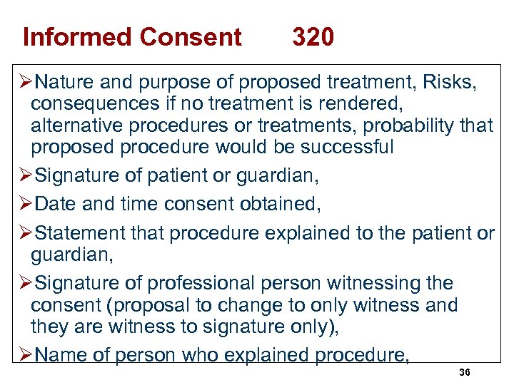 Informed Consent 320 ØNature and purpose of proposed treatment, Risks, consequences if no treatment