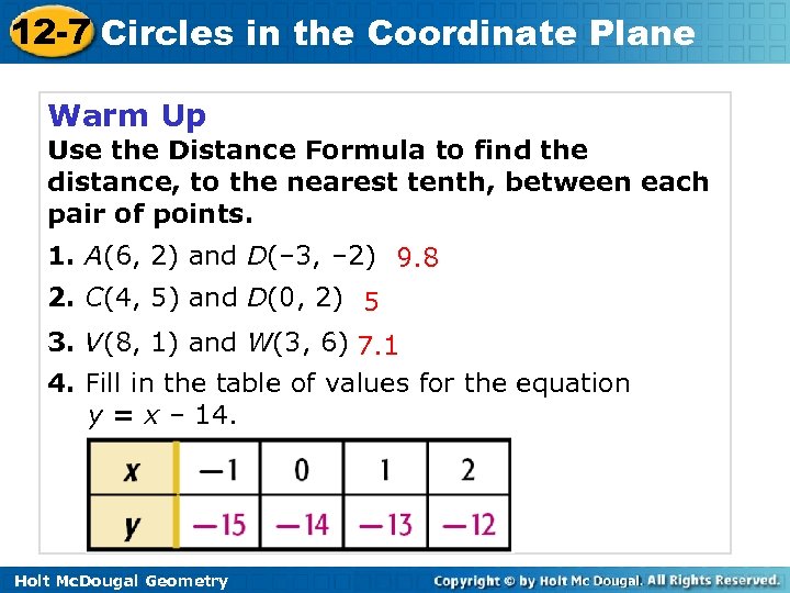 12 -7 Circles in the Coordinate Plane Warm Up Use the Distance Formula to