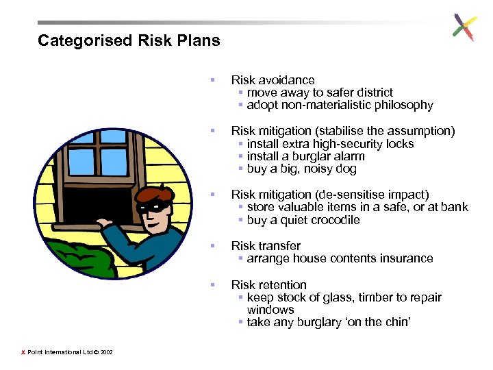 Categorised Risk Plans § § Risk mitigation (stabilise the assumption) § install extra high-security