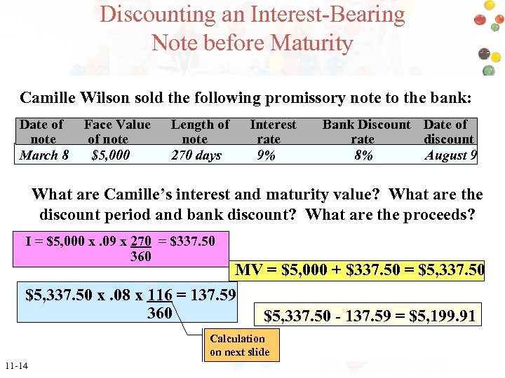 Discounting an Interest-Bearing Note before Maturity Camille Wilson sold the following promissory note to