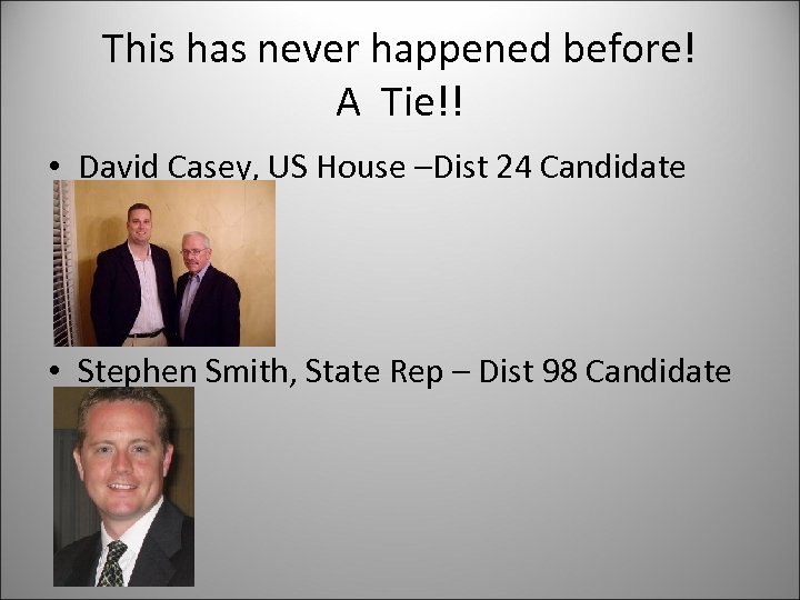 This has never happened before! A Tie!! • David Casey, US House –Dist 24