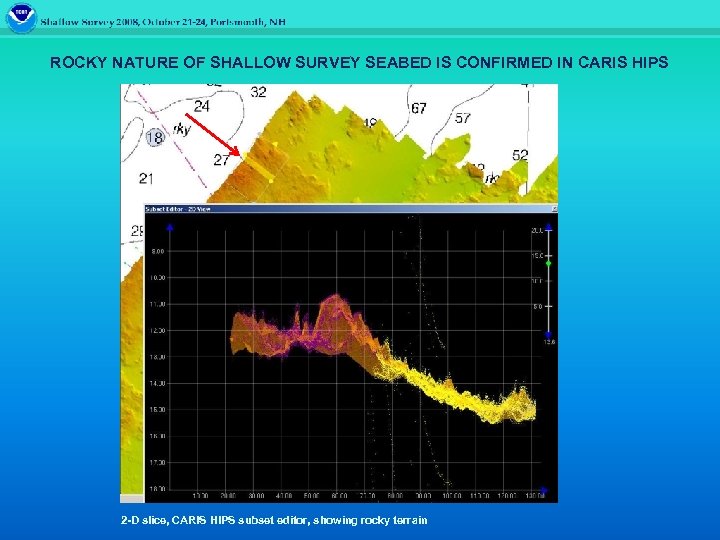 ROCKY NATURE OF SHALLOW SURVEY SEABED IS CONFIRMED IN CARIS HIPS 2 -D slice,