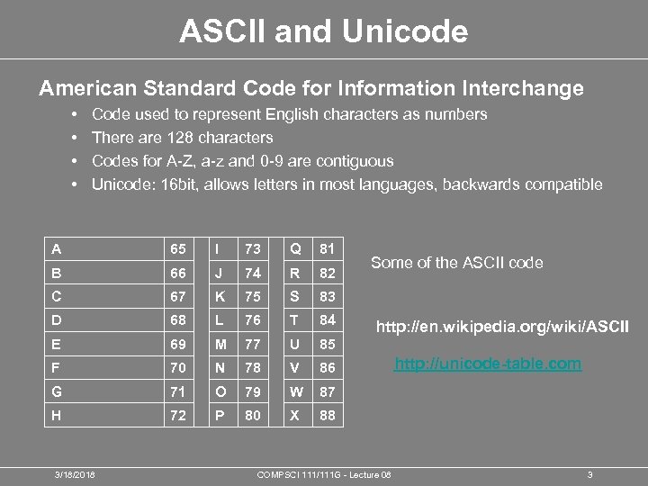 ASCII and Unicode American Standard Code for Information Interchange • • Code used to