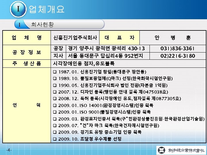 I 업체개요 1 업 회사현황 체 명 신홍진기업주식회사 대 표 자 공 장 정