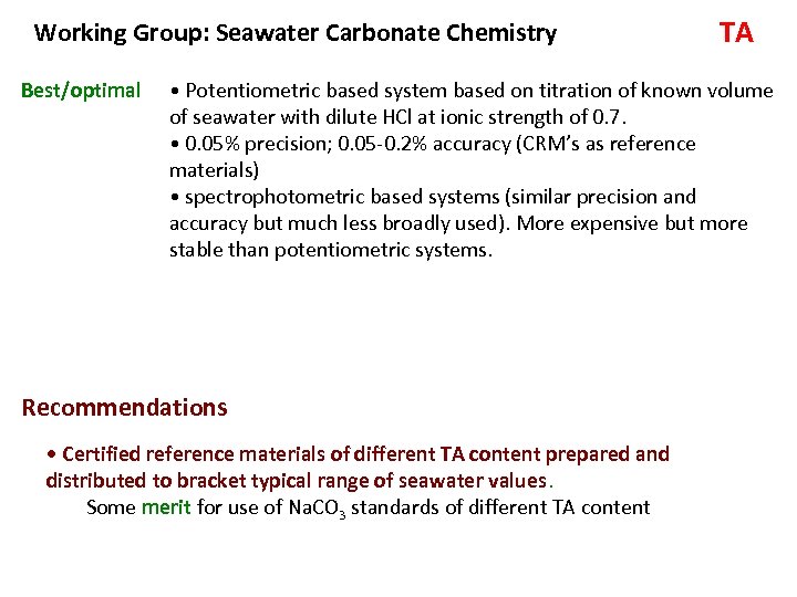 Working Group: Seawater Carbonate Chemistry Best/optimal TA • Potentiometric based system based on titration