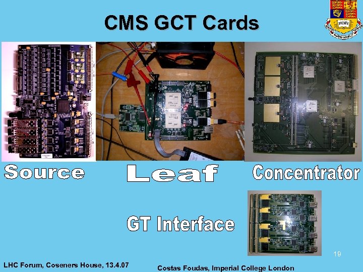 CMS GCT Cards 19 LHC Forum, Coseners House, 13. 4. 07 Costas Foudas, Imperial