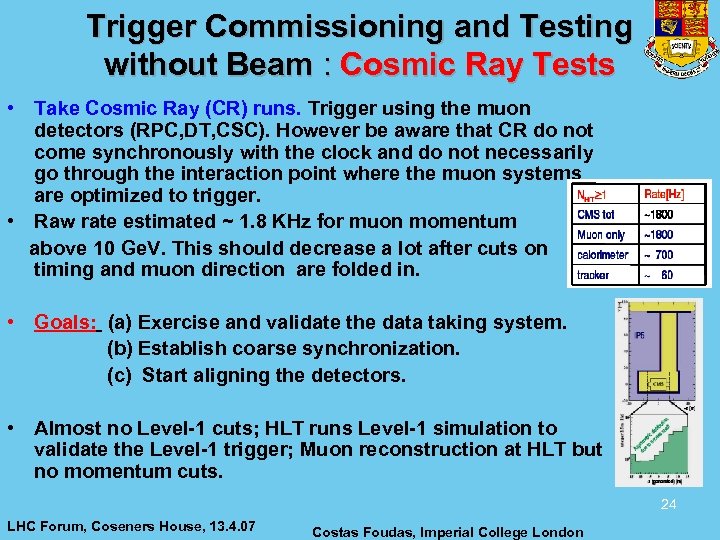Trigger Commissioning and Testing without Beam : Cosmic Ray Tests • Take Cosmic Ray