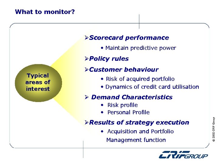 What to monitor? ØScorecard performance • Maintain predictive power ØPolicy rules • Dynamics of