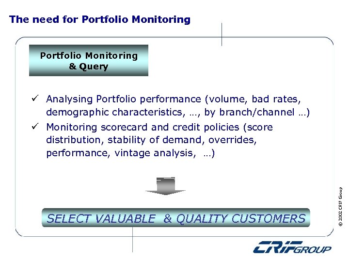 The need for Portfolio Monitoring & Query ü Analysing Portfolio performance (volume, bad rates,