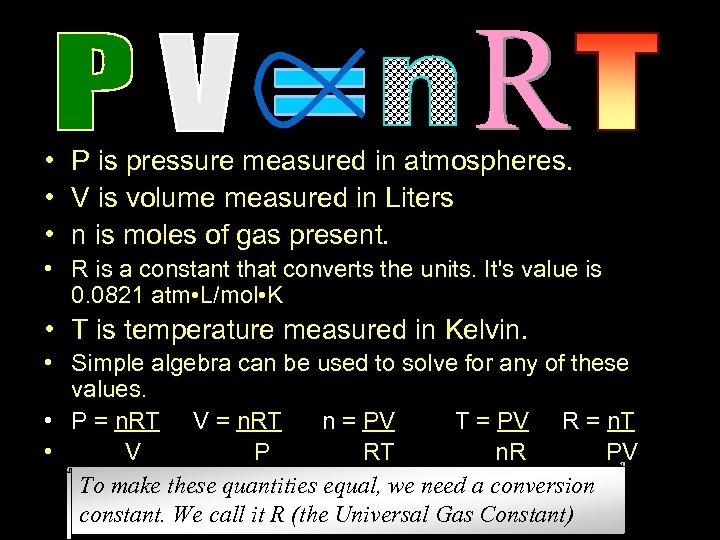  • P is pressure measured in atmospheres. • V is volume measured in