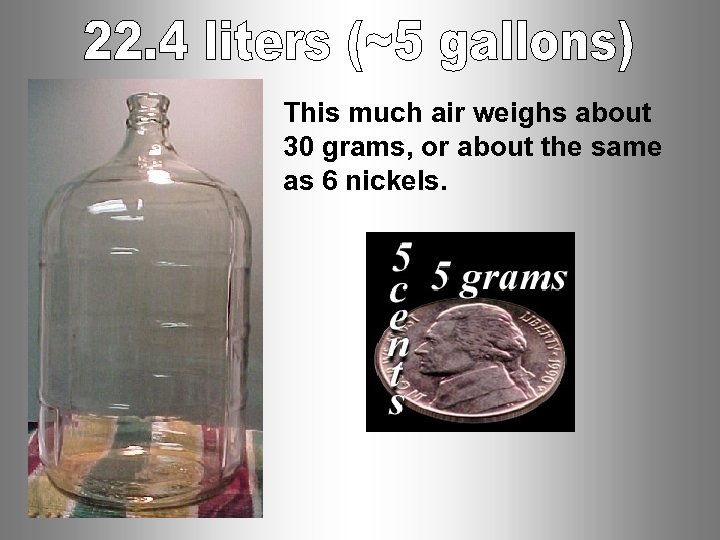 This much air weighs about 30 grams, or about the same as 6 nickels.