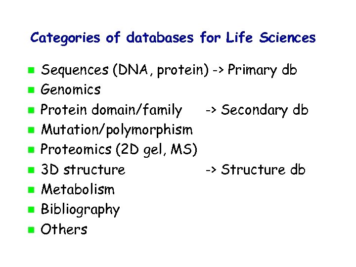 Categories of databases for Life Sciences Sequences (DNA, protein) -> Primary db Genomics Protein