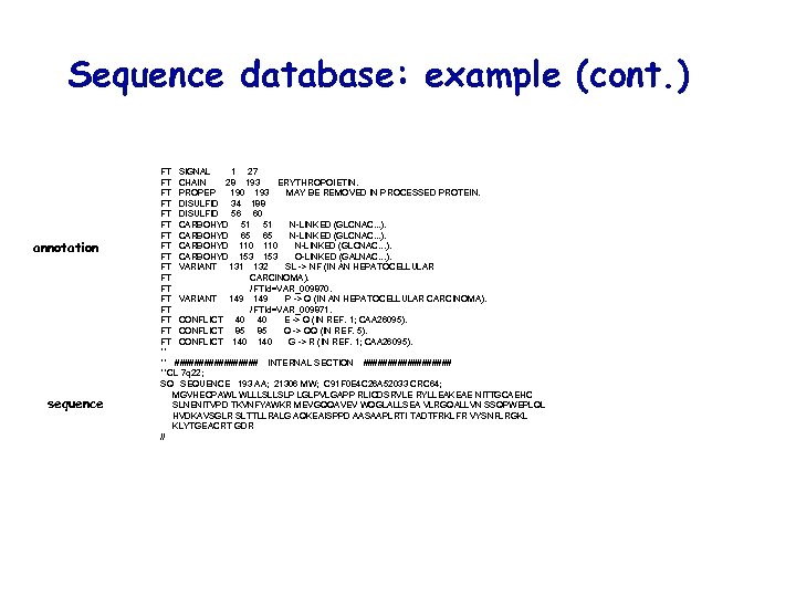 Sequence database: example (cont. ) annotation sequence FT SIGNAL 1 27 FT CHAIN 28