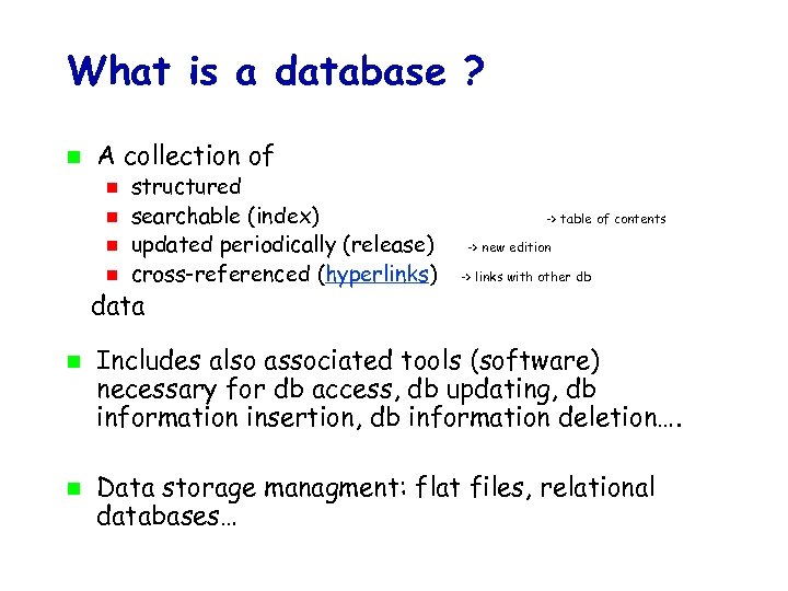 What is a database ? A collection of structured searchable (index) updated periodically (release)