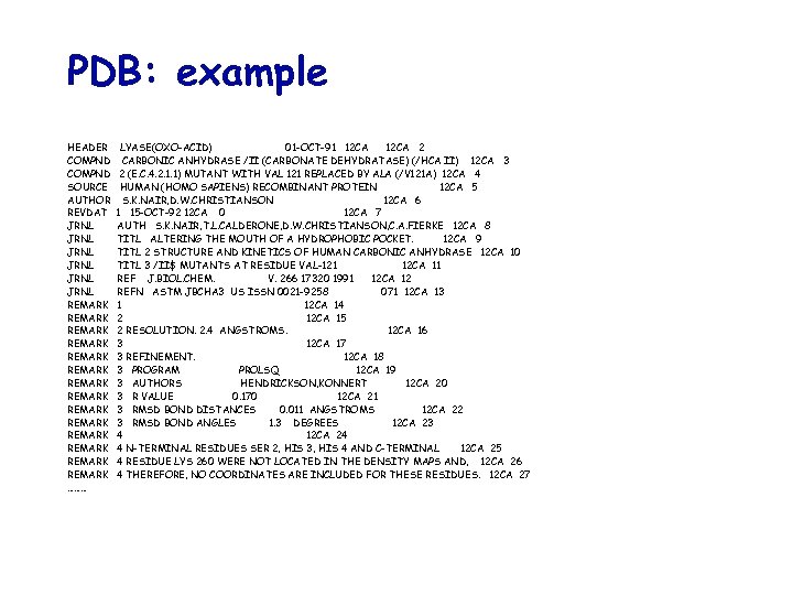 PDB: example HEADER COMPND SOURCE AUTHOR REVDAT JRNL JRNL REMARK REMARK REMARK REMARK ………