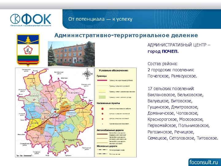 Административно-территориальное деление АДМИНИСТРАТИВНЫЙ ЦЕНТР – город ПОЧЕП. Состав района: 2 городских поселения: Почепское, Рамасухское.