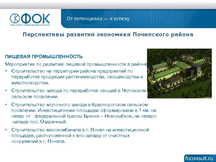 Перспективы развития экономики Почепского района ПИЩЕВАЯ ПРОМЫШЛЕННОСТЬ Мероприятия по развитию пищевой промышленности в районе: