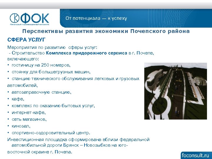 Перспективы развития экономики Почепского района СФЕРА УСЛУГ Мероприятия по развитию сферы услуг: - Строительство