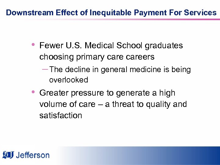 Downstream Effect of Inequitable Payment For Services • Fewer U. S. Medical School graduates