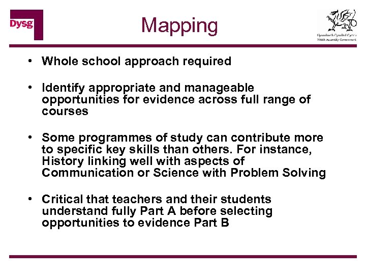 Mapping • Whole school approach required • Identify appropriate and manageable opportunities for evidence