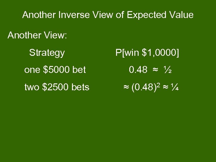 Another Inverse View of Expected Value Another View: Strategy P[win $1, 0000] one $5000
