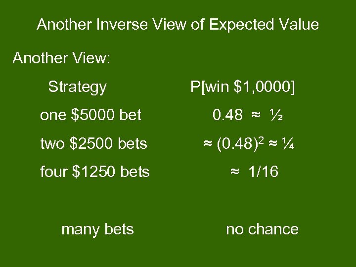 Another Inverse View of Expected Value Another View: Strategy P[win $1, 0000] one $5000
