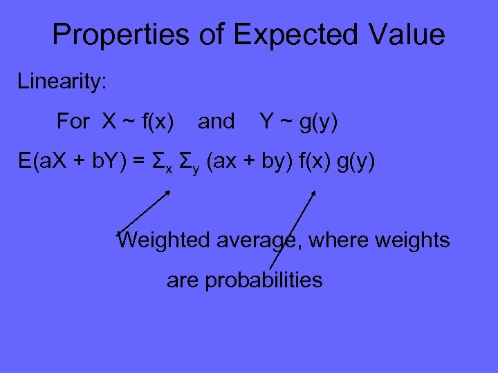 Properties of Expected Value Linearity: For X ~ f(x) and Y ~ g(y) E(a.