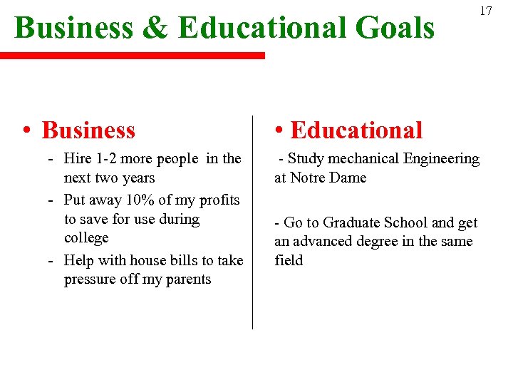 Business & Educational Goals • Business - Hire 1 -2 more people in the