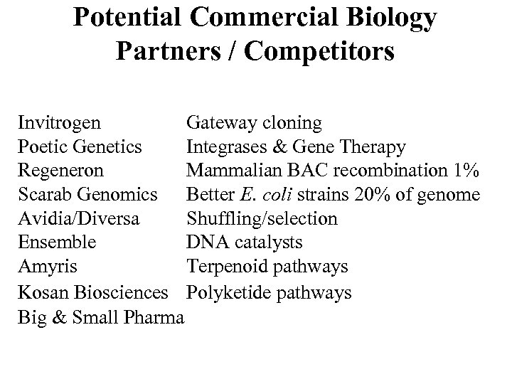 Potential Commercial Biology Partners / Competitors Invitrogen Gateway cloning Poetic Genetics Integrases & Gene