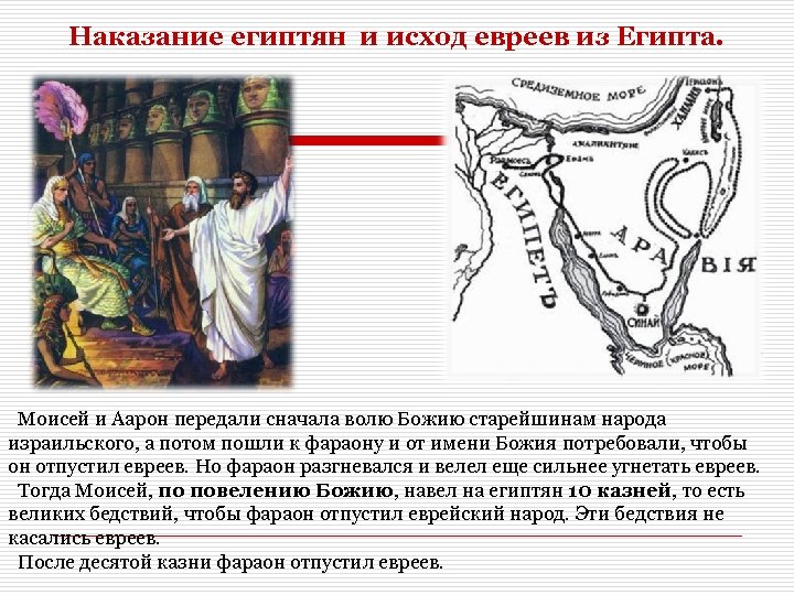Наказание египтян и исход евреев из Египта. Моисей и Аарон передали сначала волю Божию
