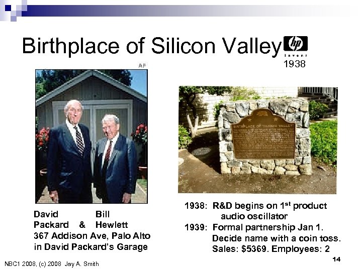 Birthplace of Silicon Valley 1938 David Bill Packard & Hewlett 367 Addison Ave, Palo