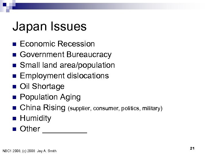 Japan Issues n n n n n Economic Recession Government Bureaucracy Small land area/population