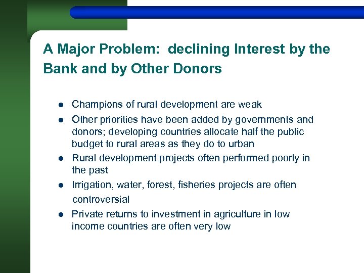 A Major Problem: declining Interest by the Bank and by Other Donors Champions of
