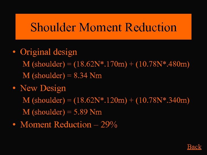 Shoulder Moment Reduction • Original design M (shoulder) = (18. 62 N*. 170 m)