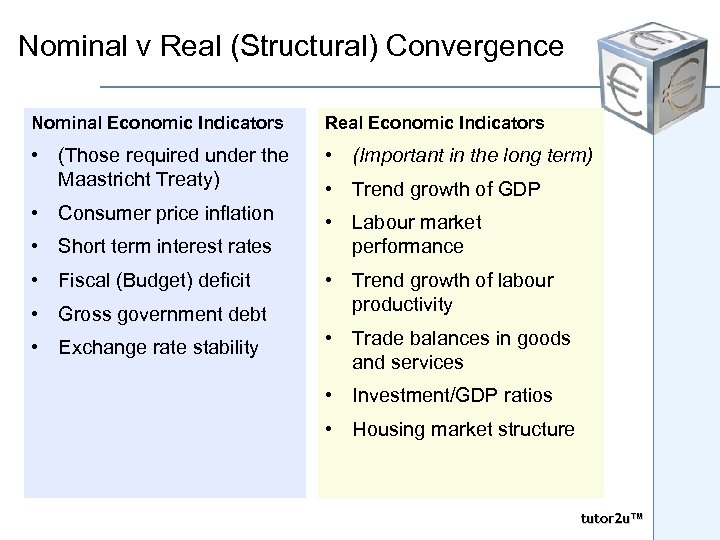 Nominal v Real (Structural) Convergence Nominal Economic Indicators Real Economic Indicators • (Those required