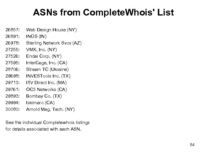 ASNs from Complete. Whois' List 26857: 26891: 26978: 27255: 27526: 27595: 28706: 29698: 29713: