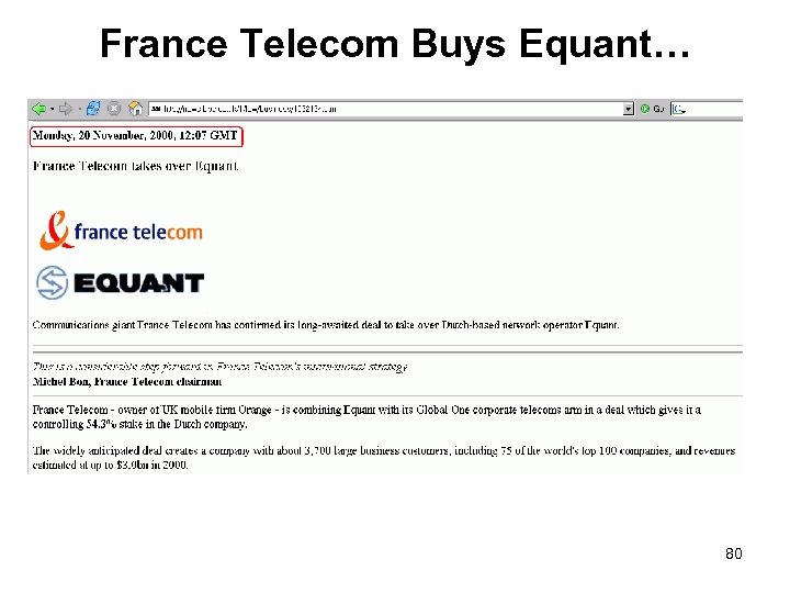 France Telecom Buys Equant… 80 