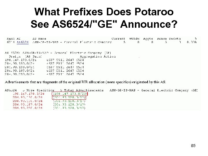 What Prefixes Does Potaroo See AS 6524/"GE" Announce? 85 