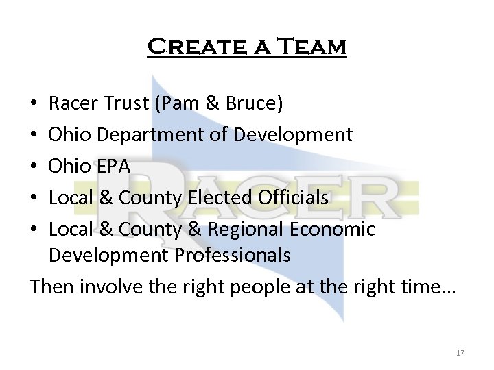 Create a Team Racer Trust (Pam & Bruce) Ohio Department of Development Ohio EPA