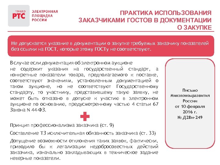 ПРАКТИКА ИСПОЛЬЗОВАНИЯ ЗАКАЗЧИКАМИ ГОСТОВ В ДОКУМЕНТАЦИИ О ЗАКУПКЕ Не допускается указание в документации о