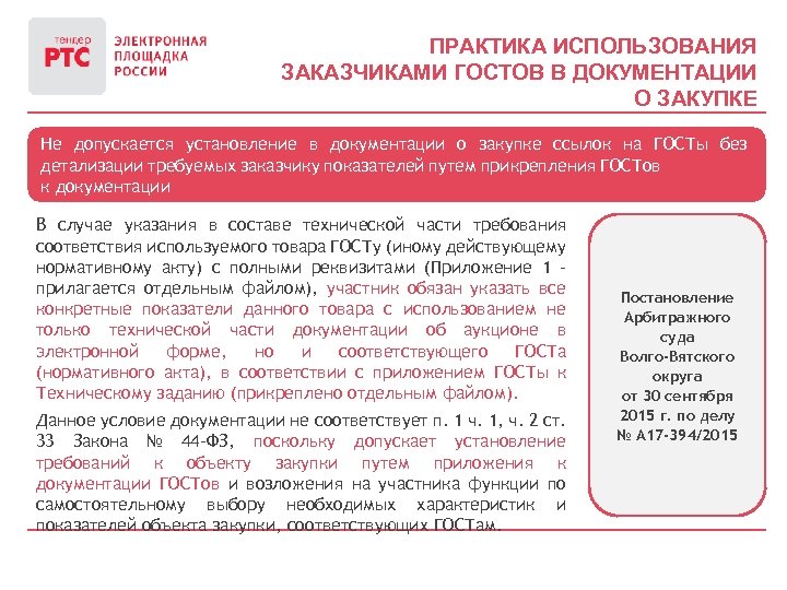 ПРАКТИКА ИСПОЛЬЗОВАНИЯ ЗАКАЗЧИКАМИ ГОСТОВ В ДОКУМЕНТАЦИИ О ЗАКУПКЕ Не допускается установление в документации о